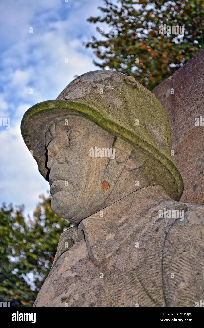 German World War memorial, erected 1935, in Saarland. The left Guard of the memorial - Left soldier head Stock Photo