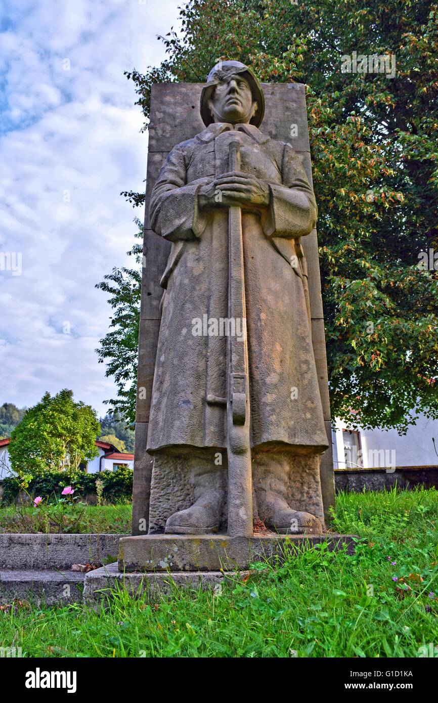 German World War memorial, erected 1935, in Saarland. The right Guard of the memorial - Right soldier full view front Stock Photo
