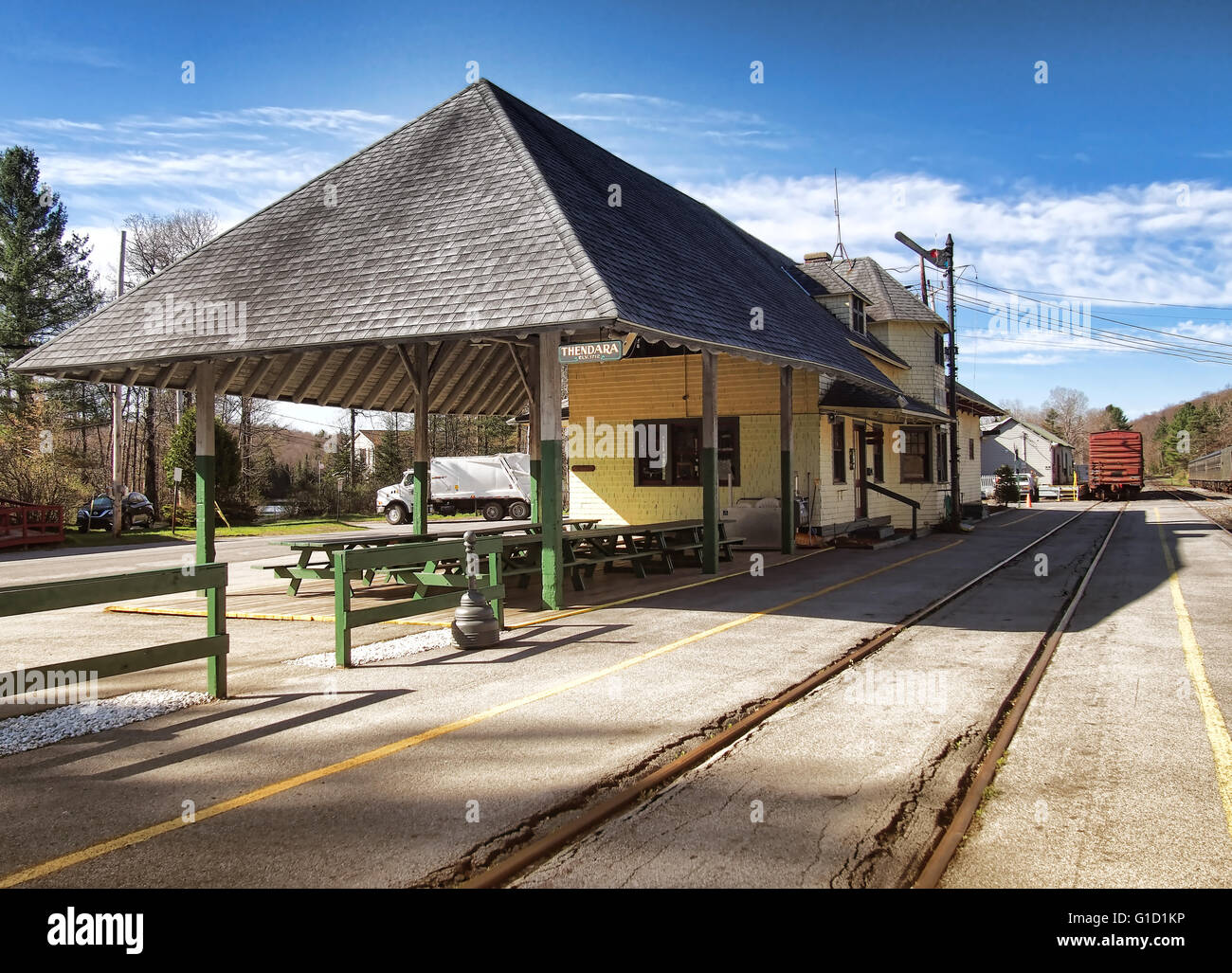 Thendara Station, Old Forge, New York. One of four depot for boarding the Adirondack Scenic Railroad Stock Photo