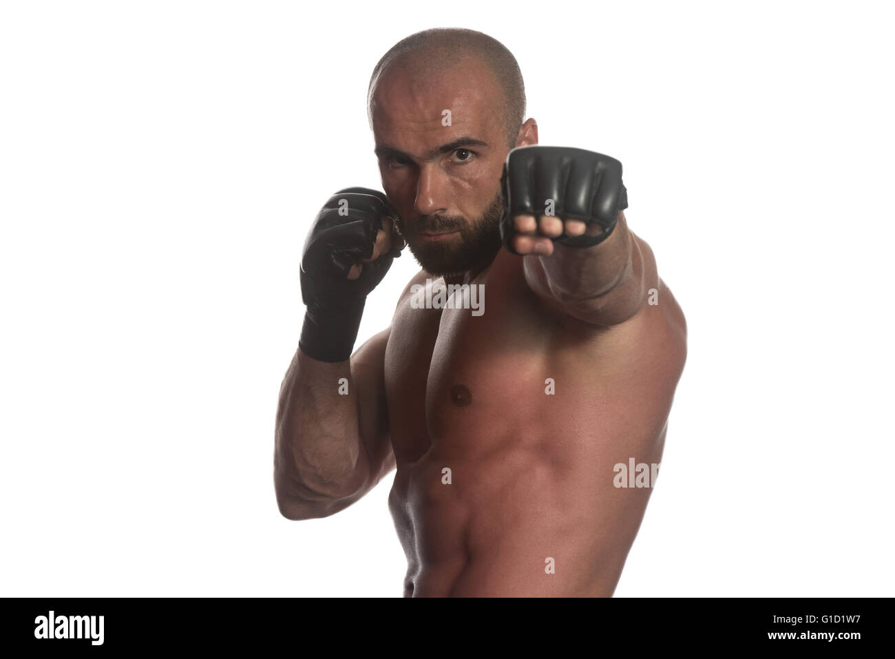 Muscular Sports Guy Boxing Workout Over White Background Isolated Stock Photo
