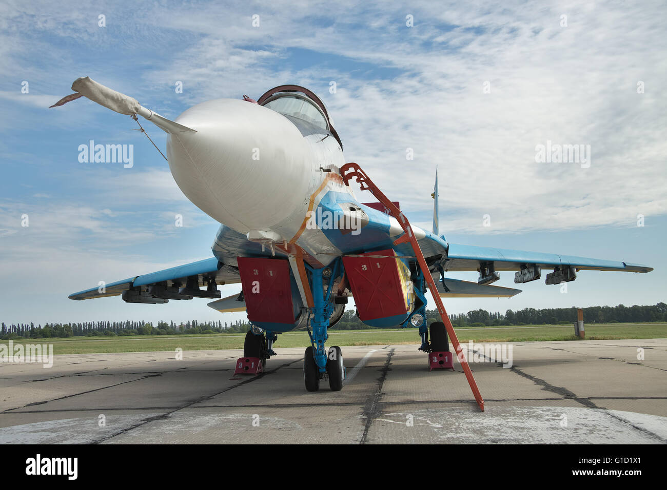 Vasilkov, Ukraine - June 19, 2010: Ukrainian Air Force MiG-29 fighter plane on the airbase preparing for a training flight Stock Photo