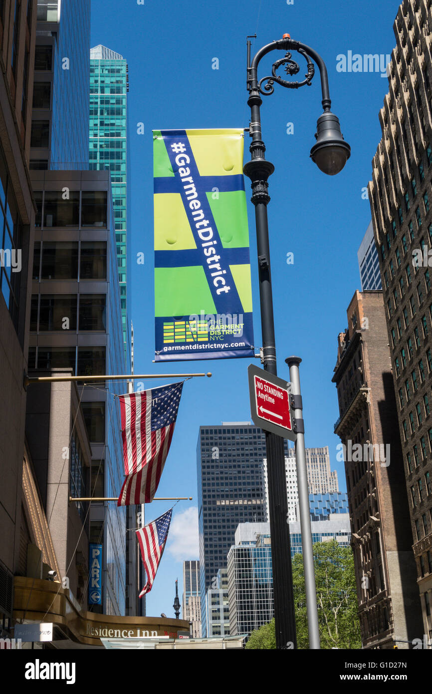 Garment District Banner on Lamppost, NYC Stock Photo