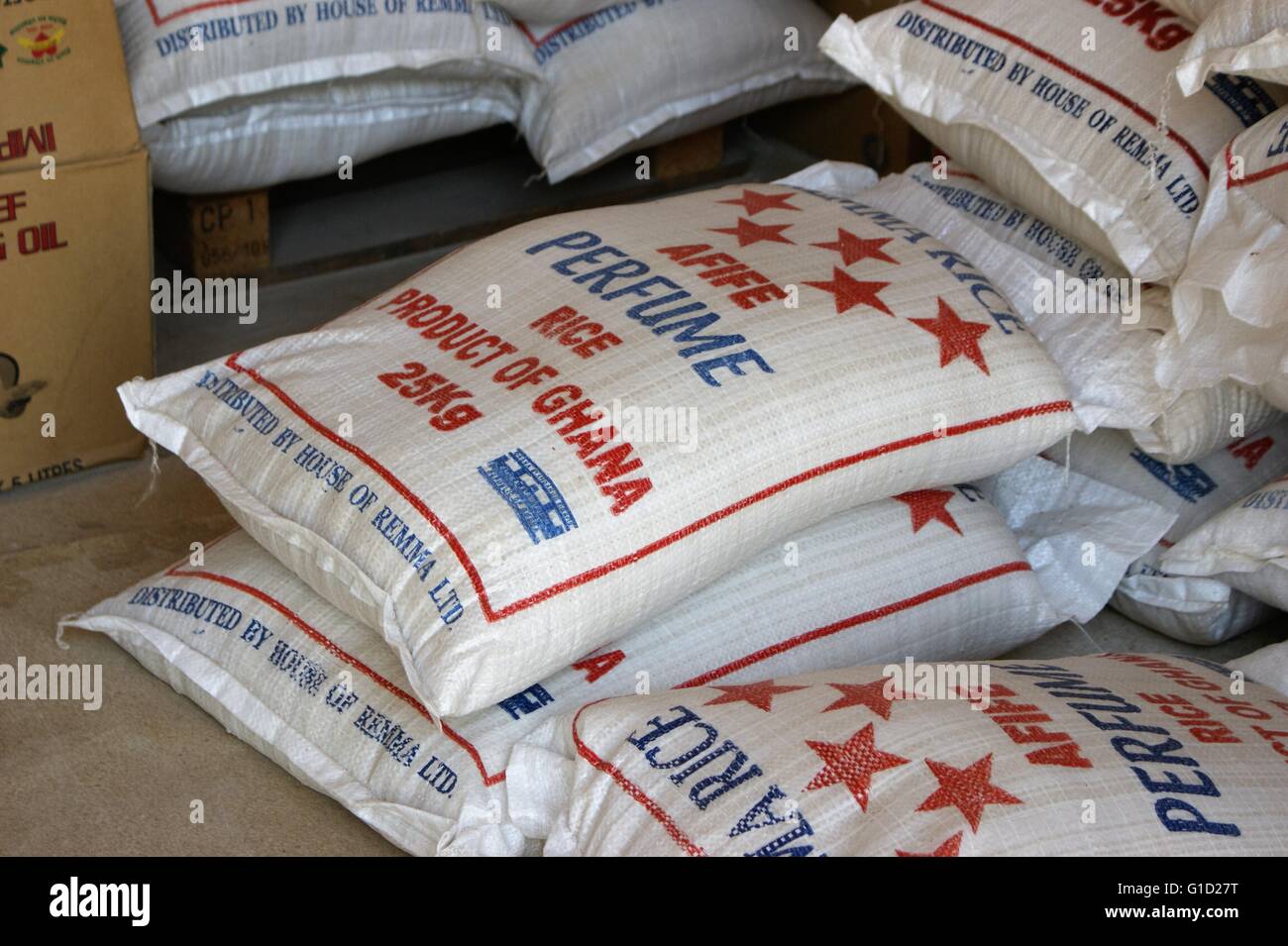 Bags of 'Made in Ghana' produced rice. Stock Photo