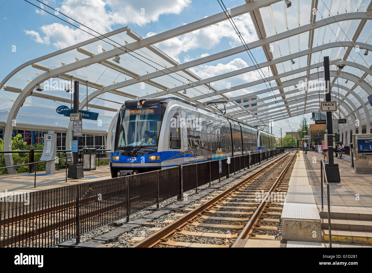 Charlotte, North Carolina - A train at an uptown station of LYNX Charlotte, the city's light rail system. Stock Photo