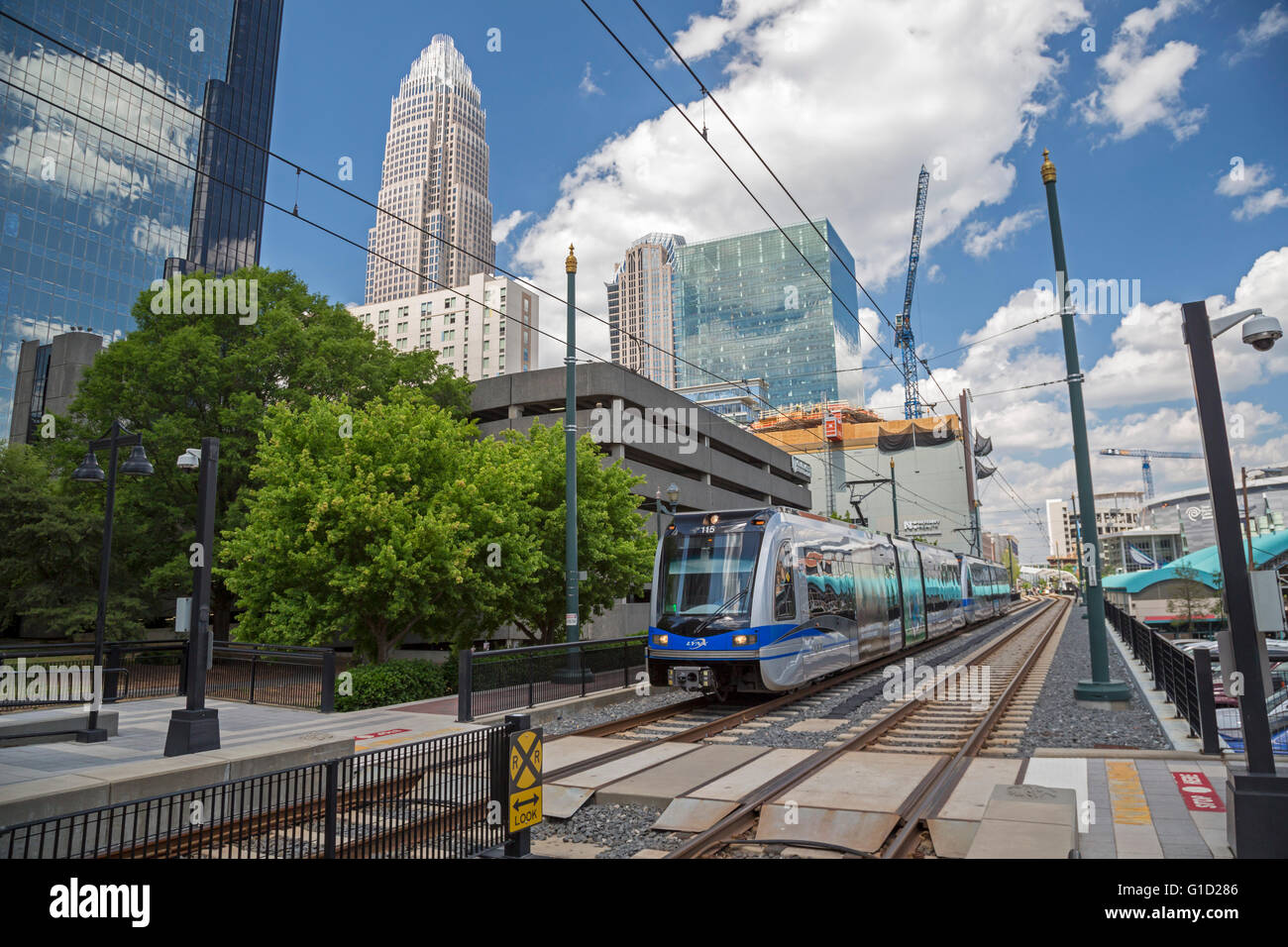 Charlotte, North Carolina A train arrives at an uptown station of