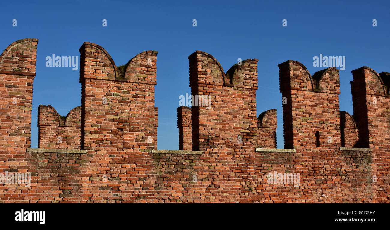 Typical ghibelline battlement and merlons from medieval Scaliger Bridge in Verona Stock Photo