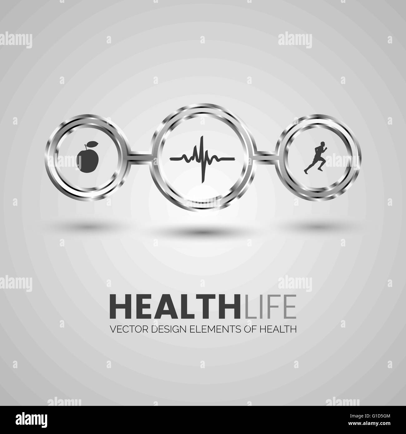 Three health symbols in the chrome circles. Apple, cardiogram and runner  vector silhouettes. Stock Vector