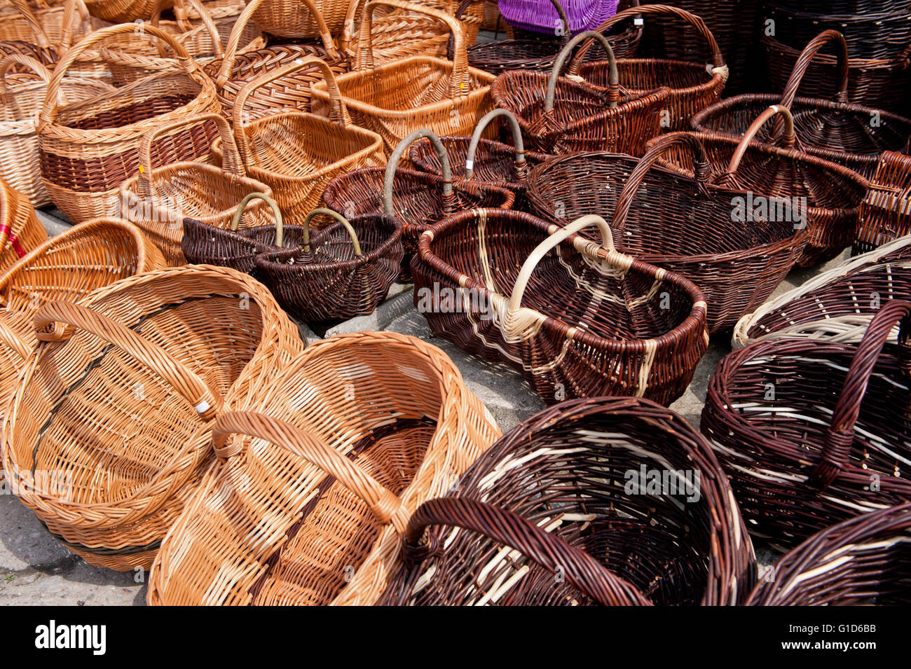 Wicker baskets range at the bazaar in Kazimierz Dolny, Poland, Europe, bohemian tourist travel destination, sightseeing places. Stock Photo