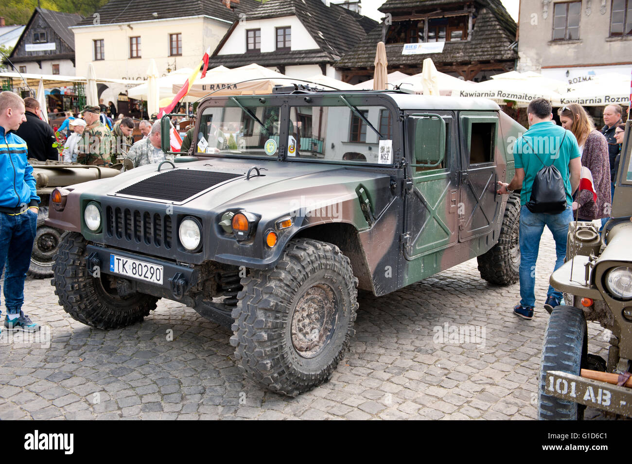 Willys at Rally VI military vehicles from World War II in Kazimierz Dolny, antique army cars event at the Market square, Poland. Stock Photo