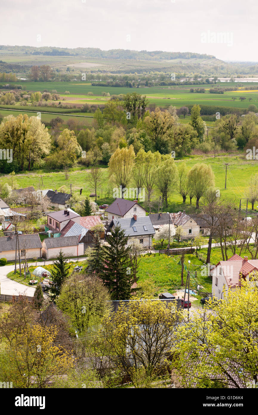 Village aerial landscape at Janowiec, view from castle hillside, calming rural scenery and spring green nature active leisure. Stock Photo