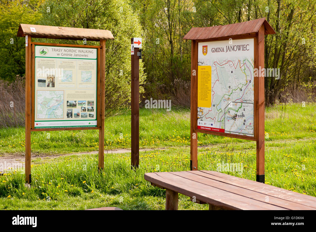 Janowiec map and nordic walking routes two boards on the roadside next to the ferry ship do Kazimierz Dolny in Lubelskie. Stock Photo