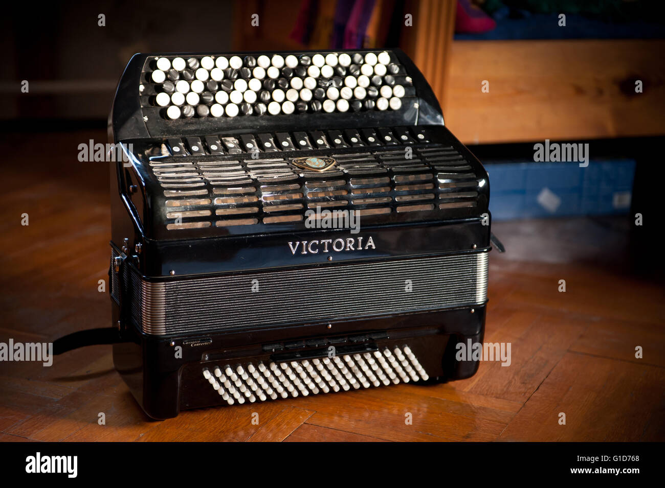 Victoria button accordion, black squeezebox musical instrument standing on the parquet floor in house interior, one melodeon. Stock Photo