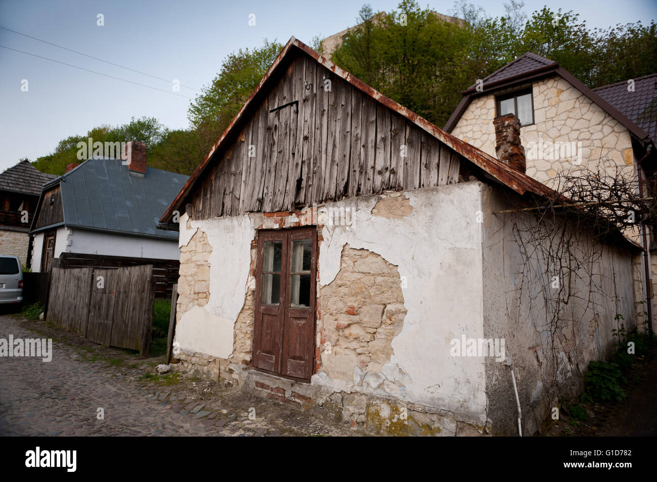Desolate house in Kazimierz Dolny, Poland, Europe, forlorn private property exterior, dilapidated building outdoor, old home. Stock Photo
