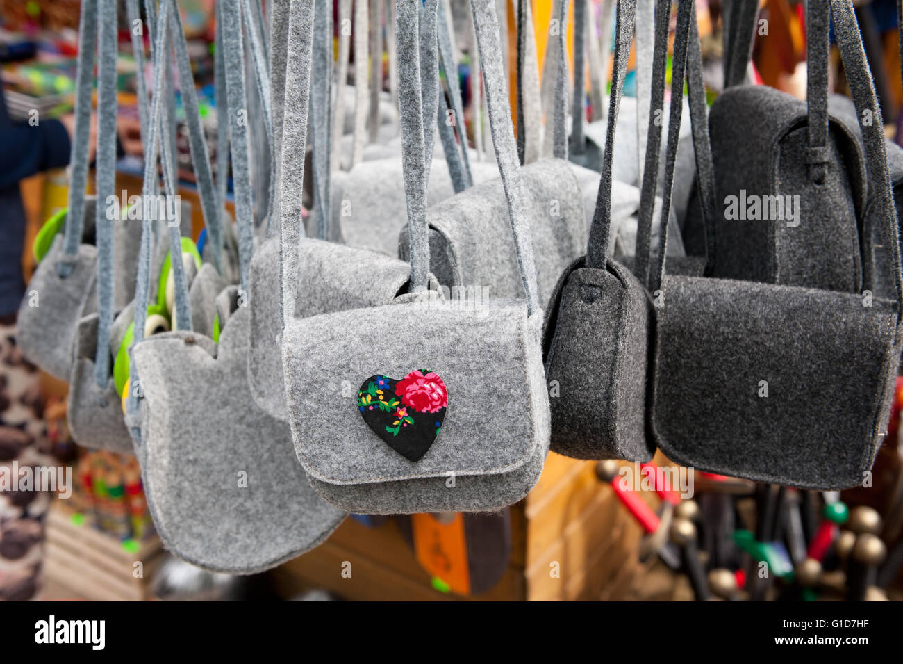 Felt pouches closeup at bazaar in Kazimierz Dolny, Poland, Europe