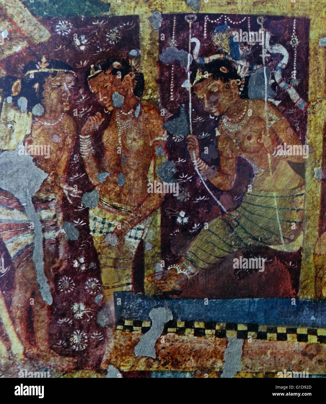 Indian rock painting depicting princess Irandati with General Purnaka from the monastery at the Ajanta caves, India 5th Century AD Stock Photo