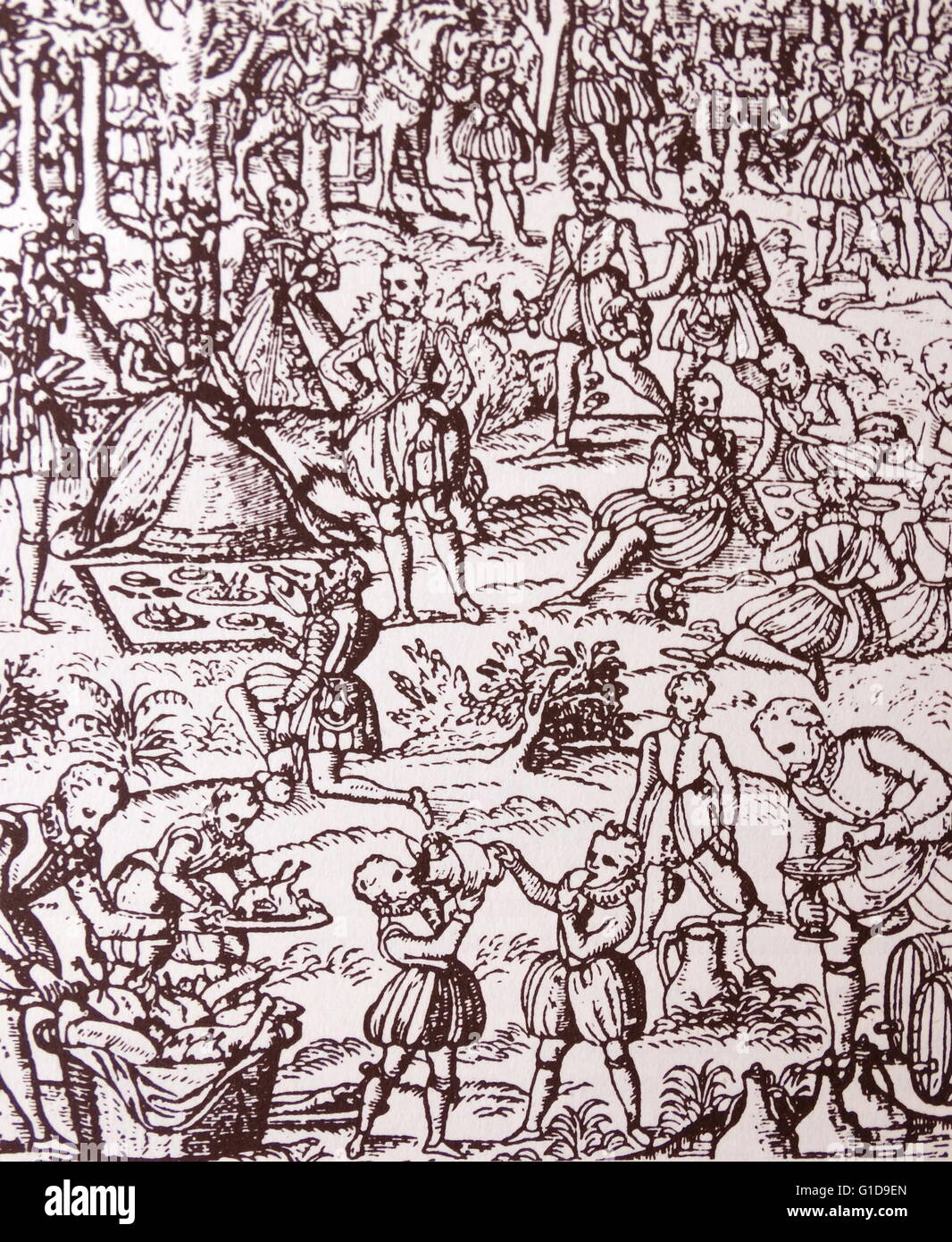 Elizabethan outdoor meal or picnic; woodcut 1572. Stock Photo