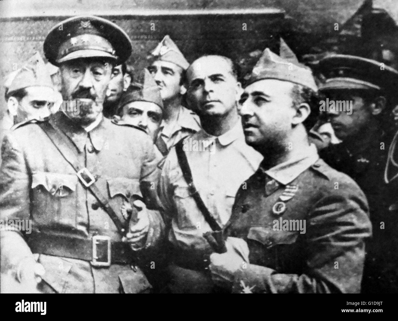 Nationalist generals (left to right), Moscardo, Varella and Franco at the relief of the Alcazar in Toledo, during the Spanish Civil War 1936 Stock Photo