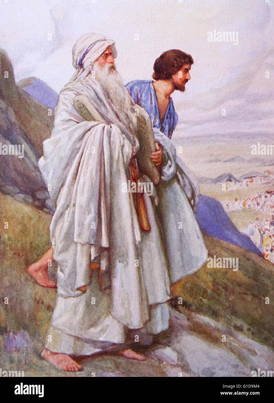 Moses and Joshua descend from Mount Sinai carrying the ten commandments (Old Testament bible story). Stock Photo