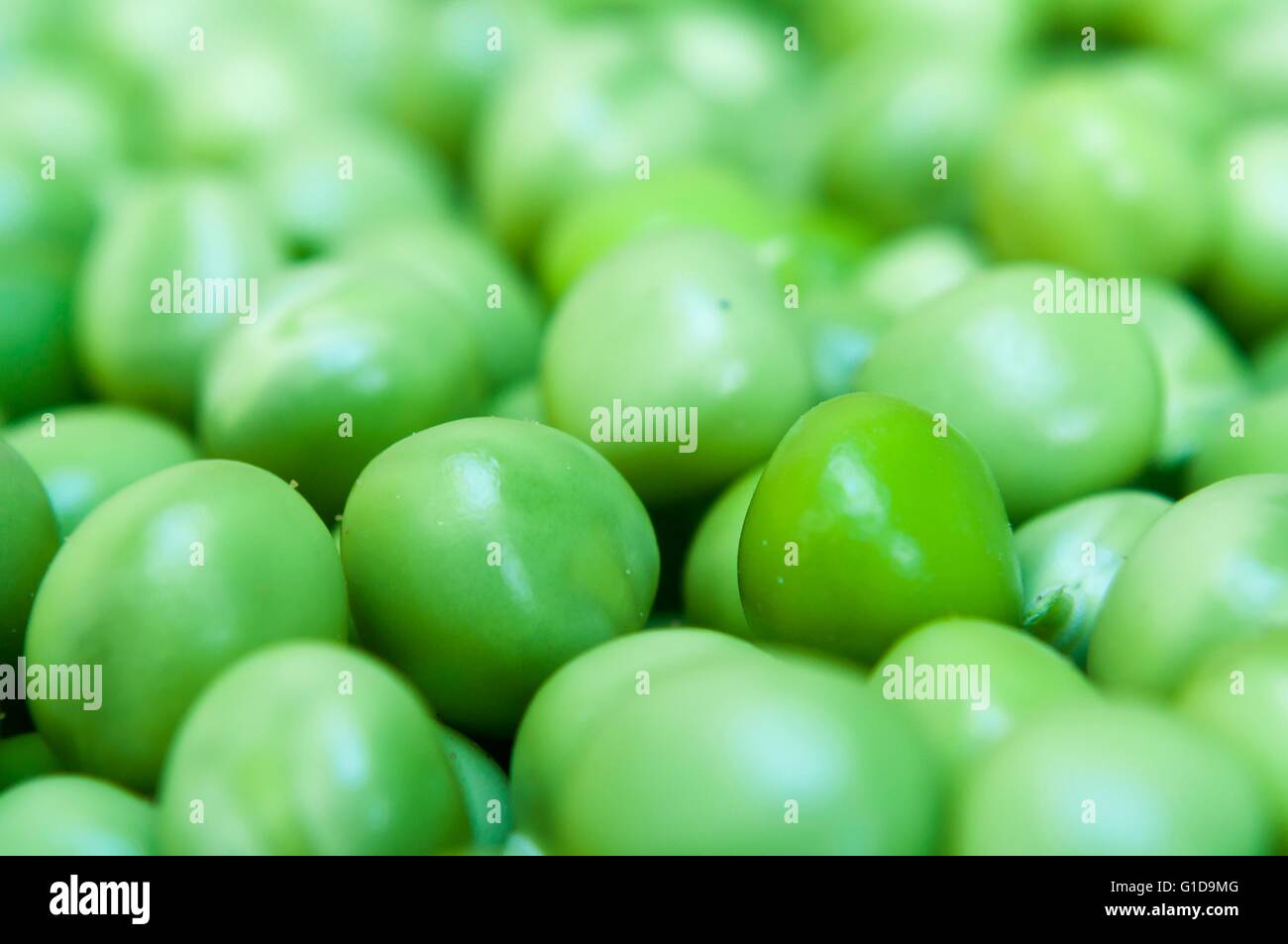 Background of fresh green peas. Selective focus. Macro shot Stock Photo