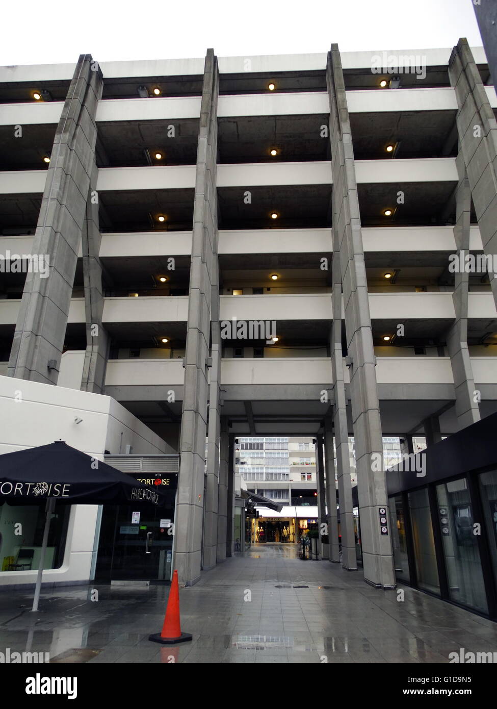 The Brunswick Centre is a grade II listed, residential and shopping centre in Bloomsbury, Camden, London, England, designed by Patrick Hodgkinson in the mid-1960s. Stock Photo