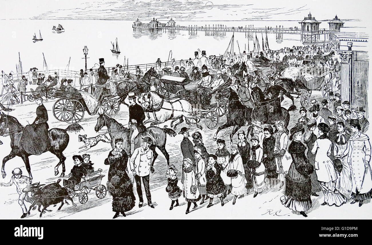 Illustration depicting a busy scene next to the sea during the summer holidays. A large crowd is shown traveling down Kings Road, Brighton, riding horseback, walking and riding in carriages. Dated c1877 Stock Photo