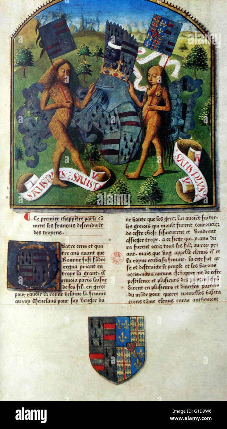 1477 edition of the Grandes Chroniques de France; a royal compilation of the history of France, its manuscripts remarkably illuminated. It was compiled between the thirteenth and fifteenth centuries Stock Photo