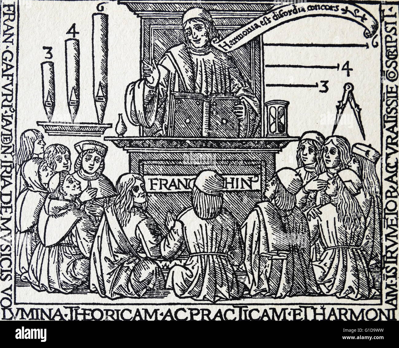 De Harmonia musicorum instrumentorum; Franchinus Gaffurius among twelve music scholars. 1496. Franchinus Gaffurius (Franchino Gaffurio; January 14, 1451 – June 25, 1522) was an Italian music theorist and composer of the Renaissance Stock Photo