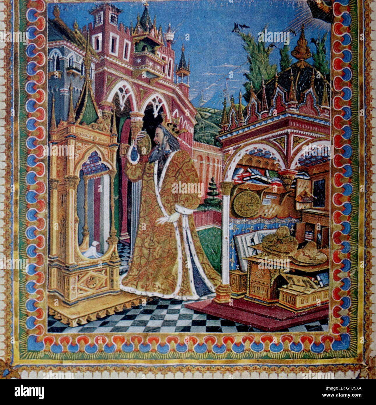 Portrait of Ptolemy, Geography, c. 1453. Biblioteca Nazionale Marciana, Cod. Giovanni Rhosos; copist for Cardinal Bessarion. Frontispiece of Ptolemy's Geographica showing Claudius Ptolemy in a Palace with books Stock Photo