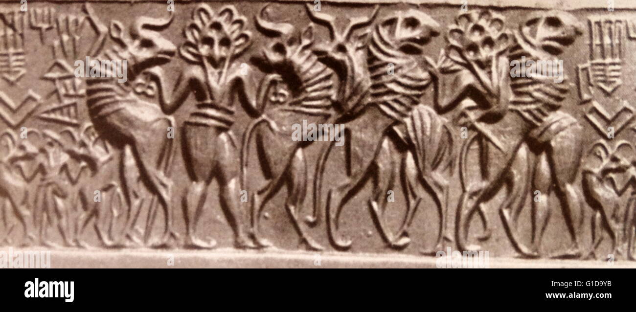 Akkadian Cylinder seal impression; scene representing mythological beings, bulls and lions in conflict circa 2200 BC Stock Photo