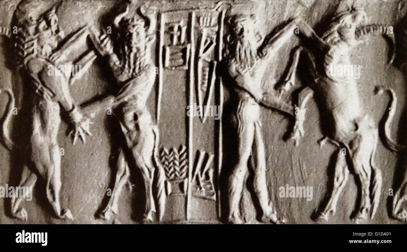 Cylinder seal impression from the Akkadian period with a combat scene between a bearded hero and a bull-man and various beasts 2350–2170 BC Stock Photo