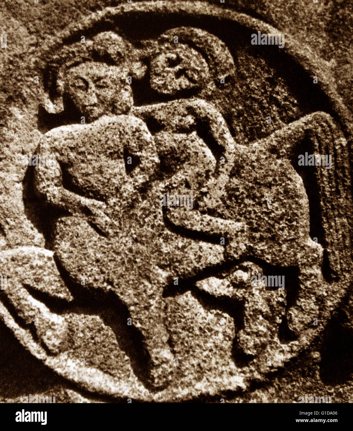 Hindu Mythology: Kimpurusa (centaur) with female from the Great Stupa and Sanchi, India, 2nd century BC Stock Photo