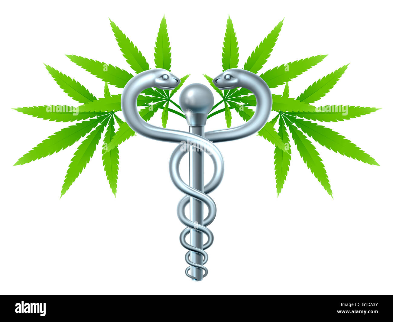 A medical marijuana plant caduceus concept symbol with cannabis plant with leaves intertwined around a rod Stock Photo