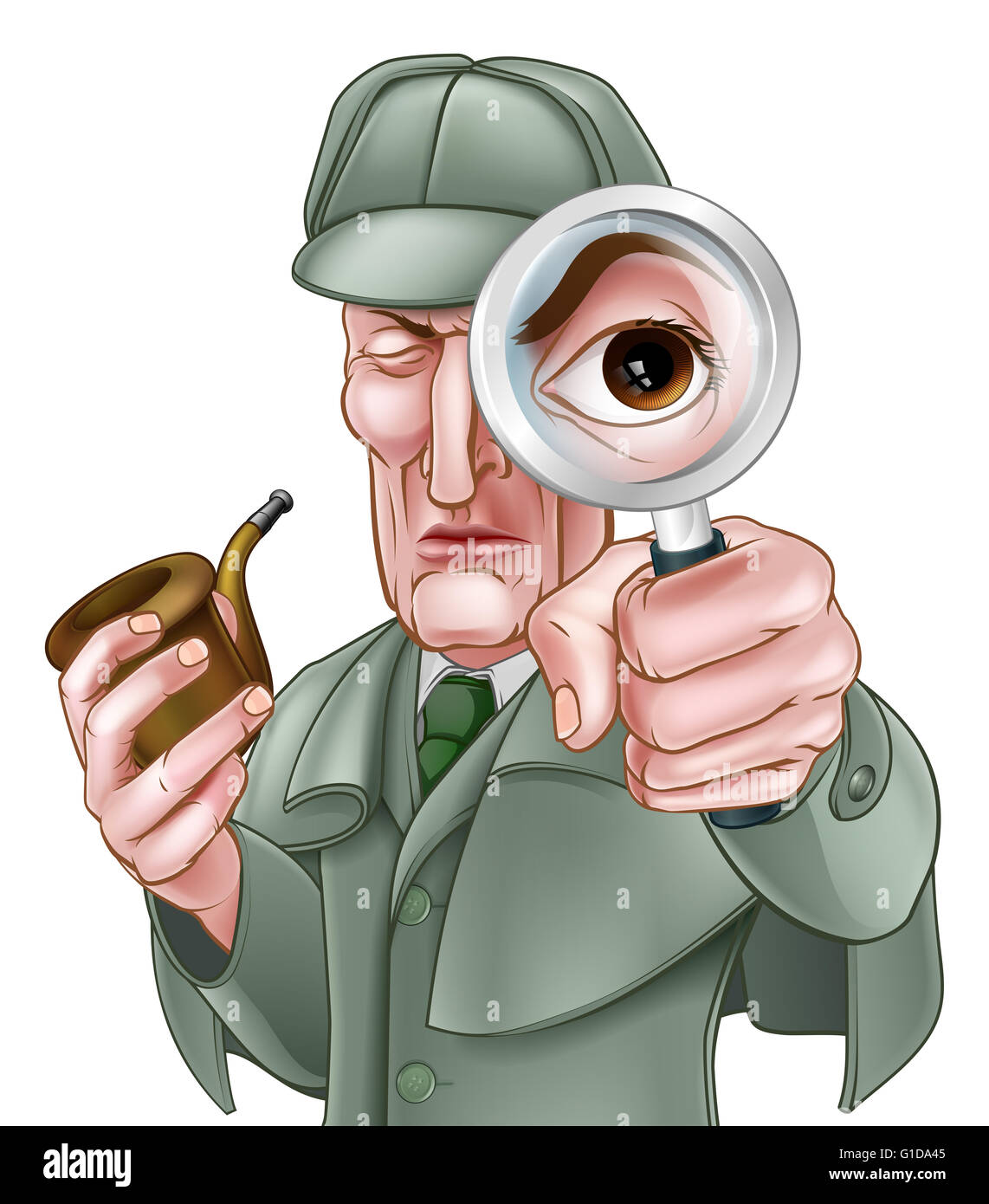 A Sherlock Holmes style Victorian detective cartoon character looking through a magnifying glass Stock Photo