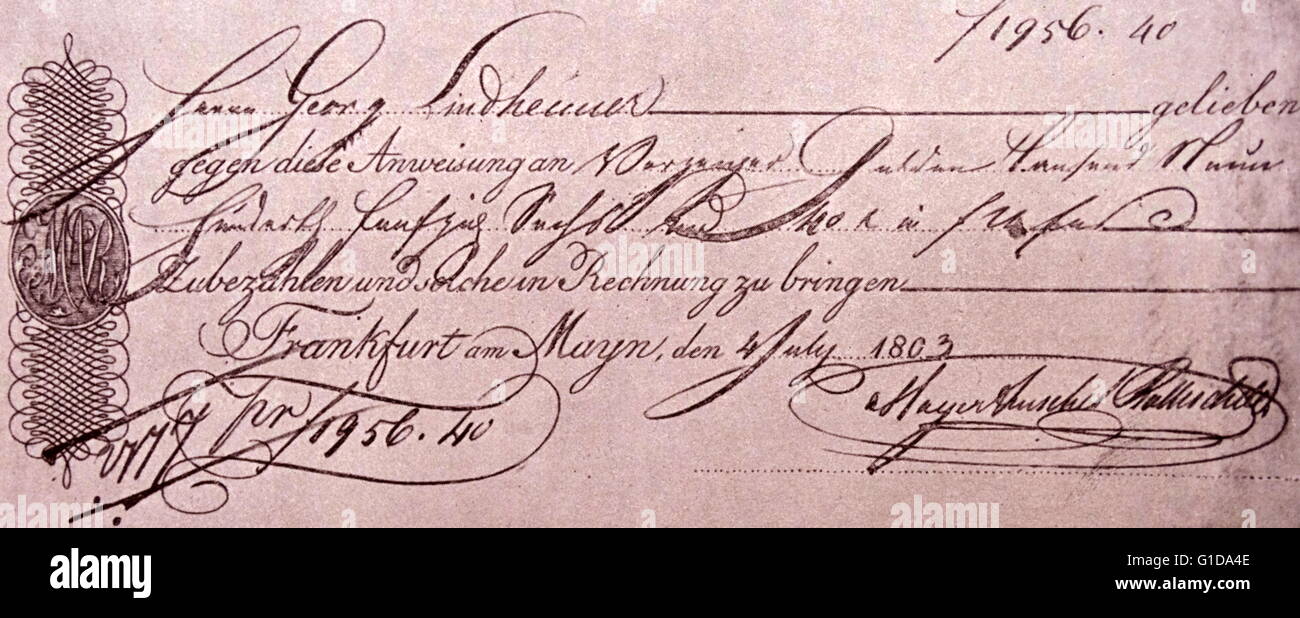 Money order signed in 1803 by Baron Amschel Meyer von Rothschild (12 June 1773 – 6 December 1855) was a German Jewish banker of the Rothschild family financial dynasty Stock Photo