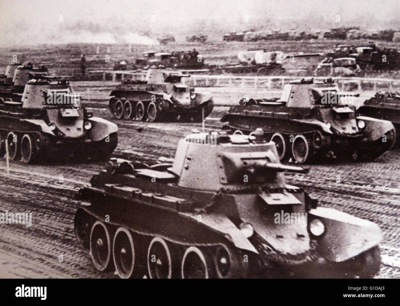 World War Two: Soviet BT-7 tanks en-route to the front to defend against the invading German army 1941 Stock Photo