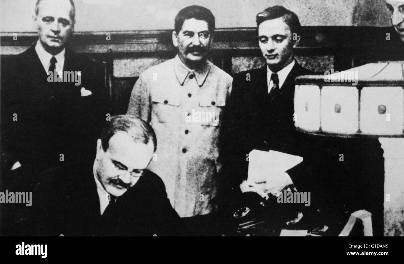 The Molotov–Ribbentrop Pact, named after the Soviet foreign minister Molotov and the German foreign minister von Ribbentrop 1938. officially the Treaty of Non-aggression between Germany and the USSR, was a non-aggression pact signed between Nazi Germany and the Soviet Union in Moscow on 23 August 1939. Stock Photo