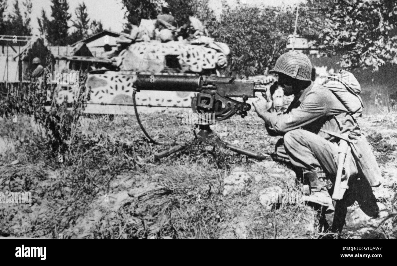 Browning Model A1 Machine Gun belonging to the American Army in the firing position. Stock Photo