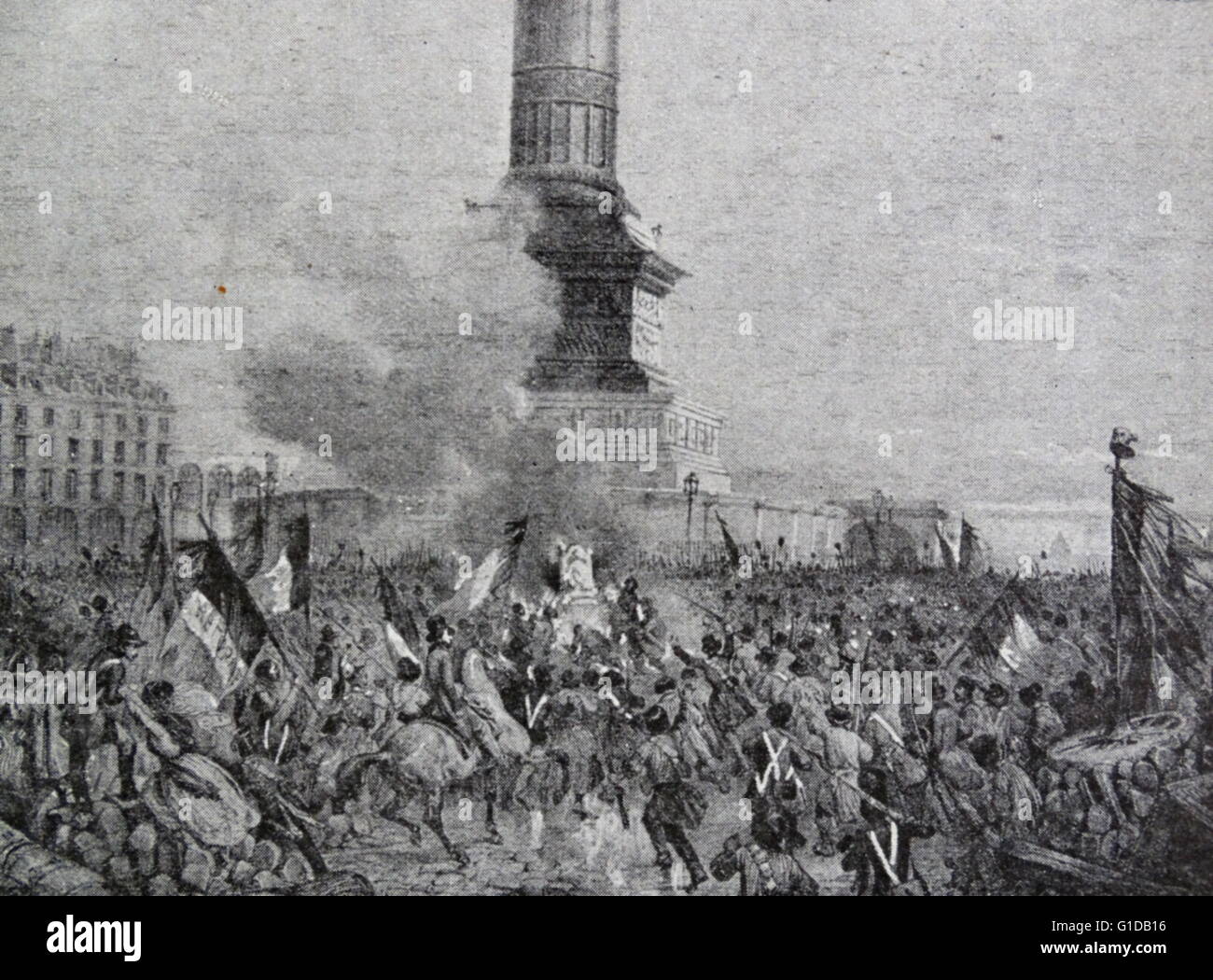 Episode in the Paris Revolution: Burning the Throne at the July Column. Stock Photo