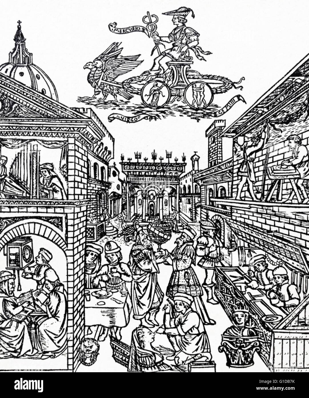 Engraving depicting arts and crafts in Florence during the 14th Century Stock Photo