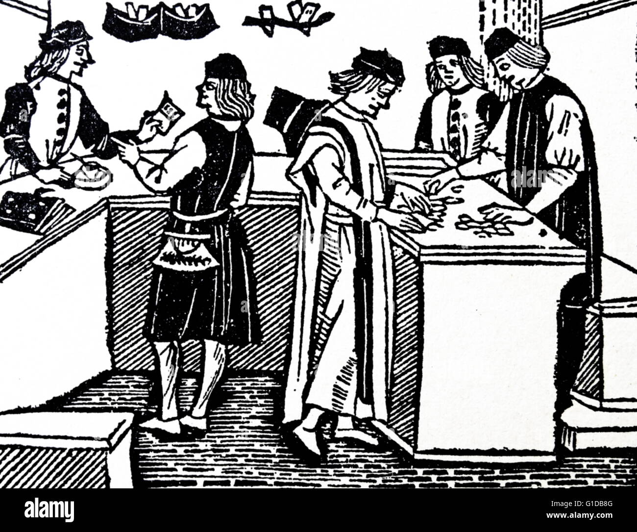 Woodcut depicting bankers from a 15th Century tract Stock Photo