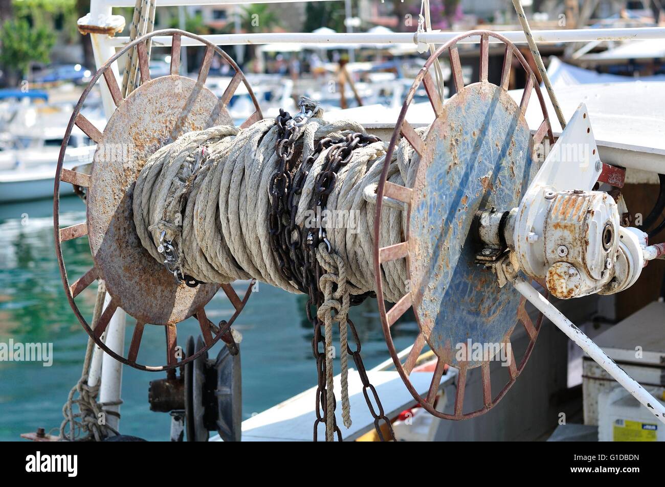 Detail of fishing cable drum on a trawler boat Stock Photo - Alamy