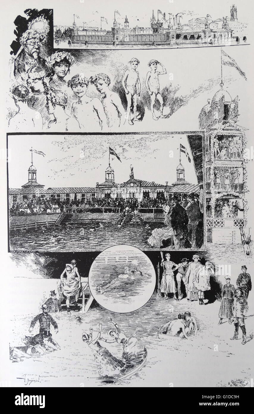 Engravings depicting scenes from Stockholm's swimming and siminrättning, Strömbadet in Riddarfjarden. Dated 19th Century Stock Photo