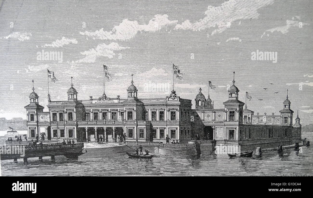 Engravings depicting the exterior of Stockholm's swimming and siminrättning, Strömbadet in Riddarfjarden. Dated 19th Century Stock Photo