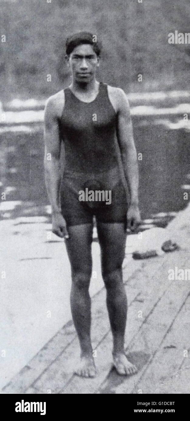 Photographic portrait of Duke Kahanamoku (1890-1968) a surfer and Kanaka Maoli competition swimmer, during the 1912 Stockholm Olympic Games. Dated 20th Century Stock Photo