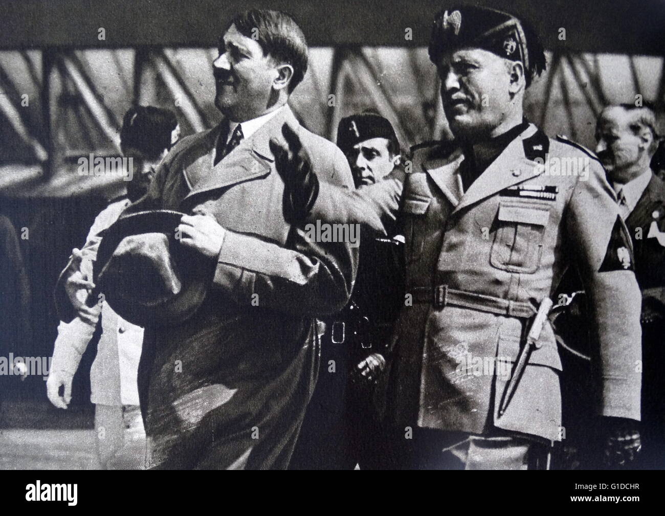 Italian Fascist leader Mussolini (right)welcomes Nazi German leader Adolf Hitler to Venice 1934 Stock Photo