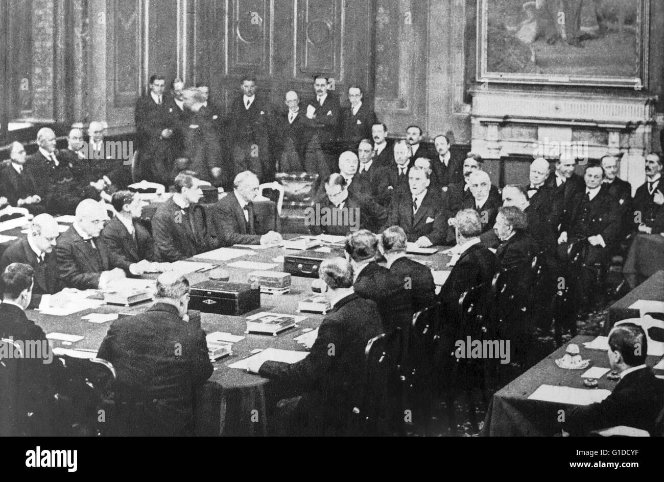 Austen Chamberlain and Stanley Baldwin sign the Locarno Treaty 1925. The Locarno Treaties were seven agreements negotiated at Locarno, Switzerland, on 5–16 October 1925 and formally signed in London on 1 December, in which the First World War Western European Allied powers and the new states of Central and Eastern Europe sought to secure the post-war territorial settlement, Stock Photo