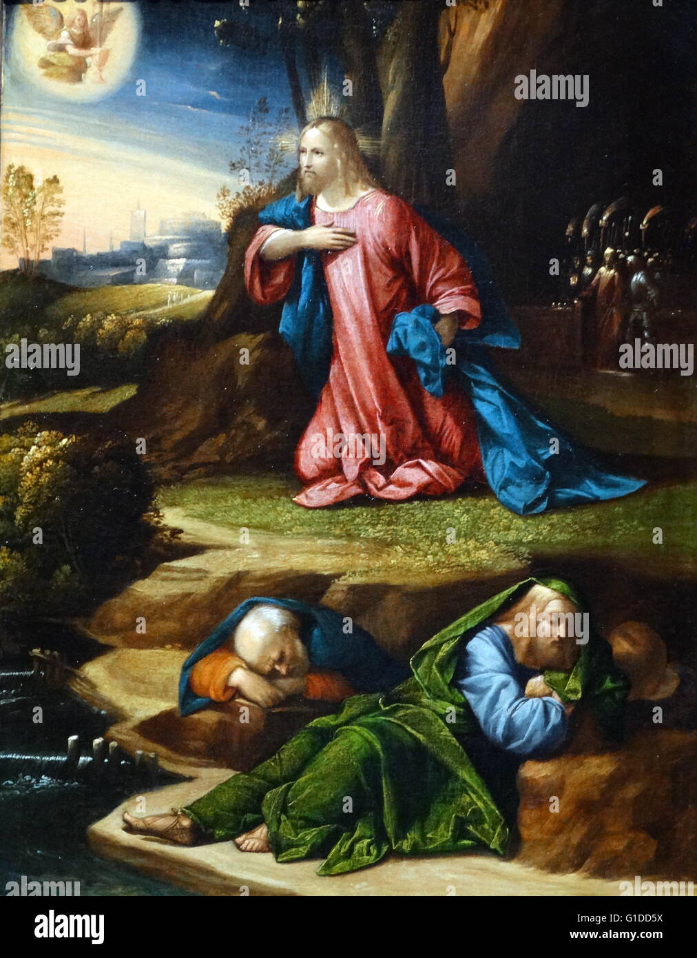 Painting titled 'The Agony in the Garden' by Benvenuto Tisi (1481-1559) a Late-Renaissance-Mannerist Italian painter of the School of Ferrara. Dated 16th Century Stock Photo