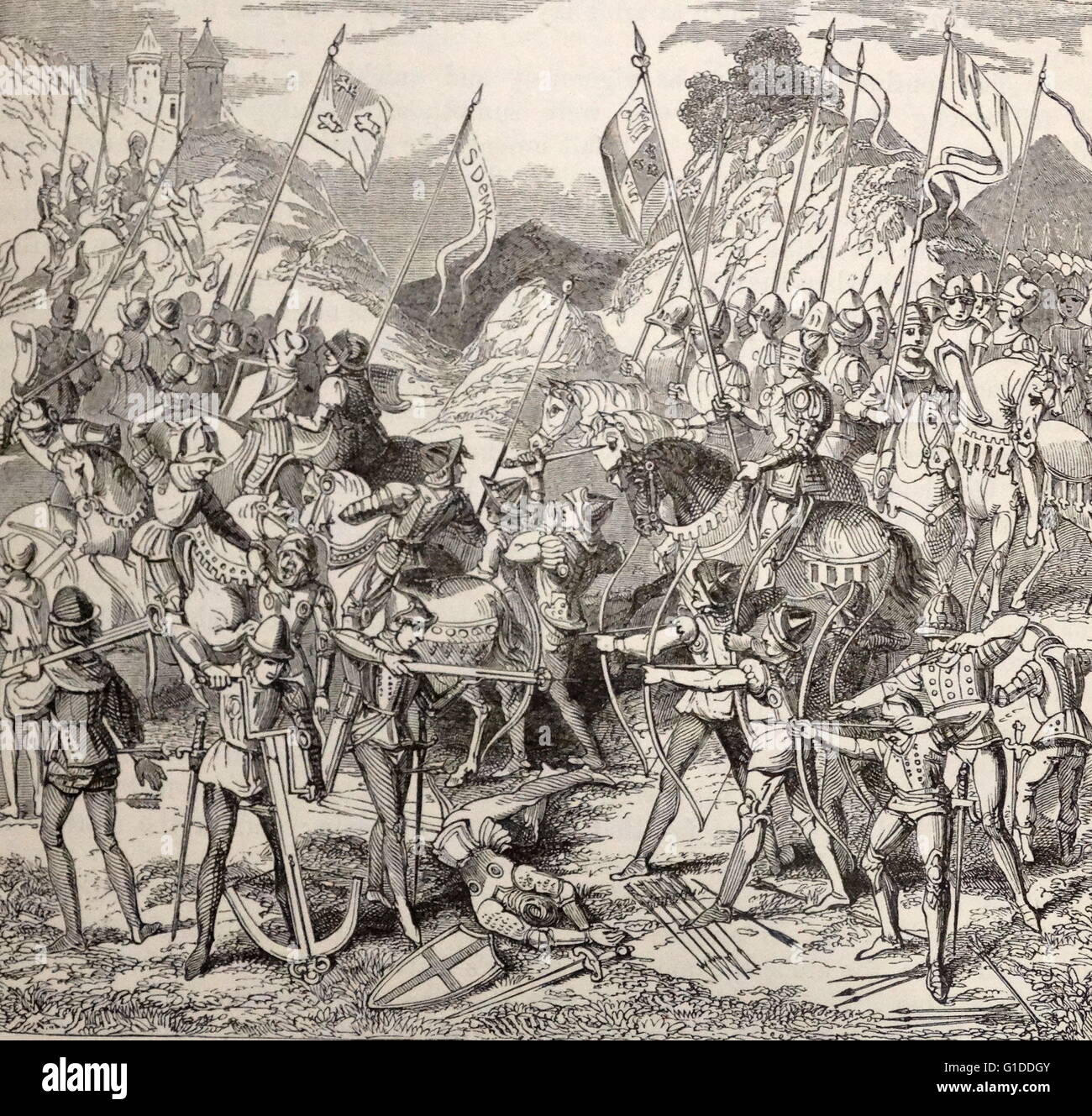 Engraving depicting a scene from the Battle of Crécy, during the Edwardian phase of the Hundred Years' War. Dated 14th Century Stock Photo