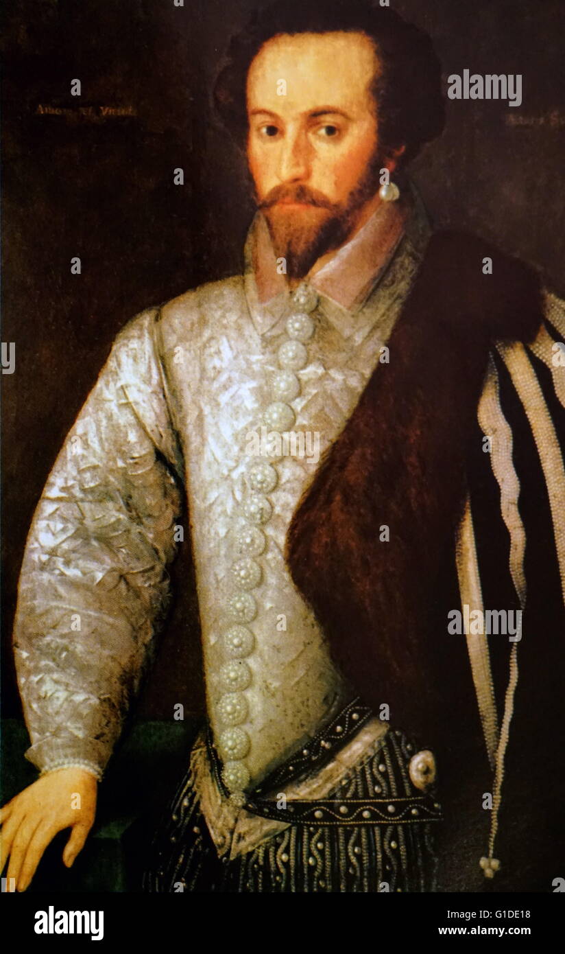 Portrait of Walter Raleigh (1552-1618)an English landed gentleman, writer, poet, soldier, politician, courtier, spy, and explorer. Dated 16th Century Stock Photo