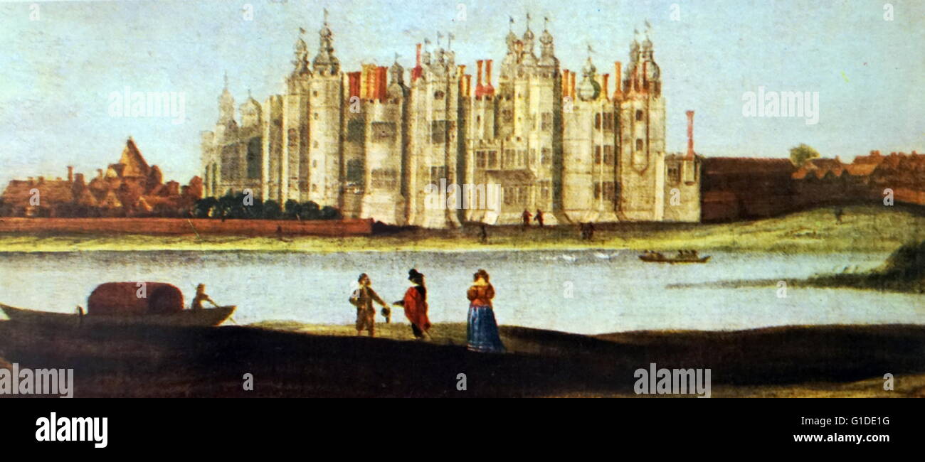 Painting of the exterior of Richmond Palace, a royal residence on the River Thames in England. Dated 17th Century Stock Photo